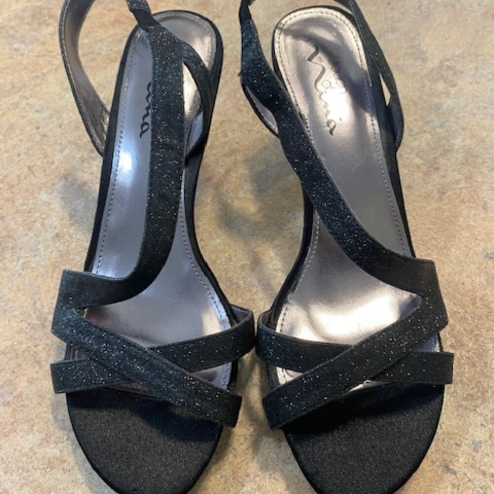 Nina Black Satin With Sparkel Dress Kitten Heel Prom Wedding Size 9 1/2